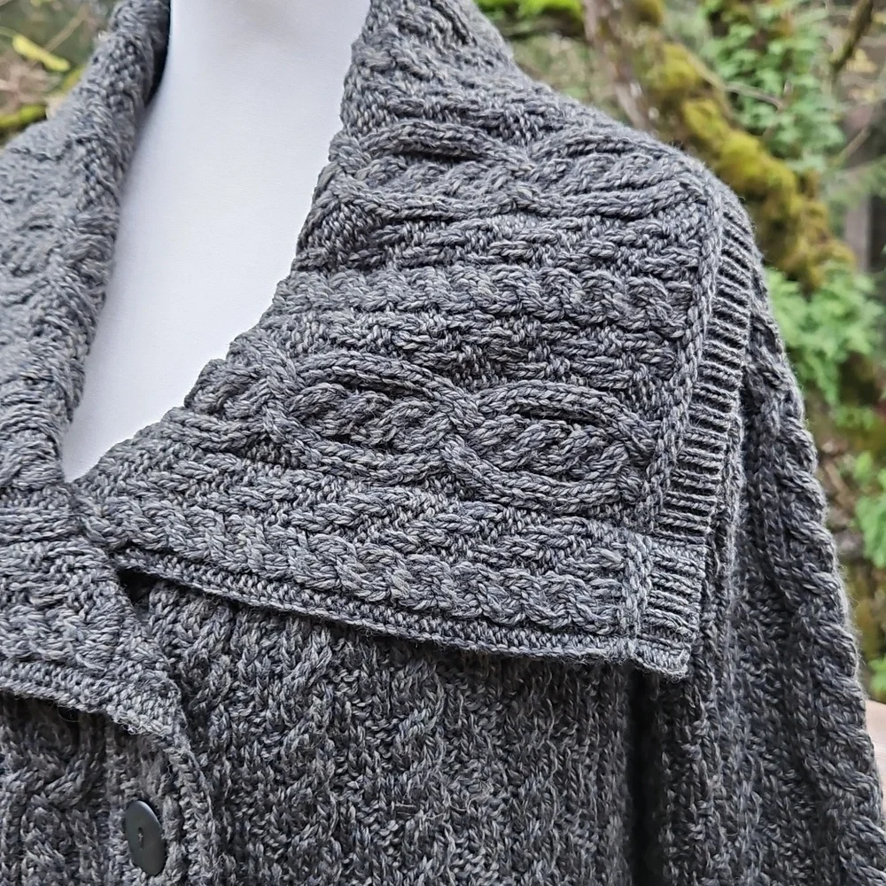 Aran Craft Cardigan | Large  Collar | Forest Green | Button Up | Pockets Size S - Picture 7 of 16